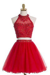 Two-Piece Halter Red Sleeveless Homecoming Dress
