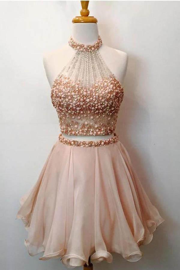 Two-Piece High Neck Beaded Short Homecoming Dress