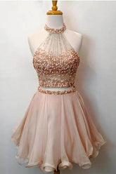 Two-Piece High Neck Beaded Short Homecoming Dress