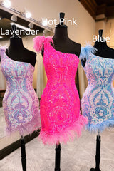Unique Bodycorn One Shoulder Hot Cute Pink Sequins Lace Short Homecoming Dresses with Feathers