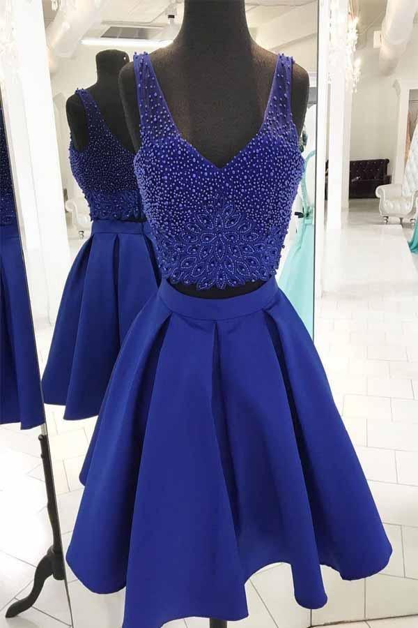 V-Neck Beaded Royal Blue Two-Piece Short Prom Dress Homecoming Dress