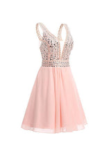 V-Neck Beaded Chiffon Homecoming Dress Short Prom Dress