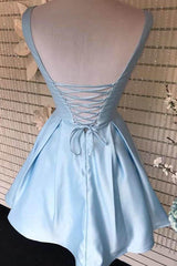 V-Neck Burgundy Satin Cute Homecoming Dress with Pockets