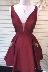 V-Neck Burgundy Satin Cute Homecoming Dress with Pockets