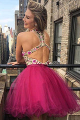 V Neck Embroidered Backless Homecoming Dress Short Prom Dress