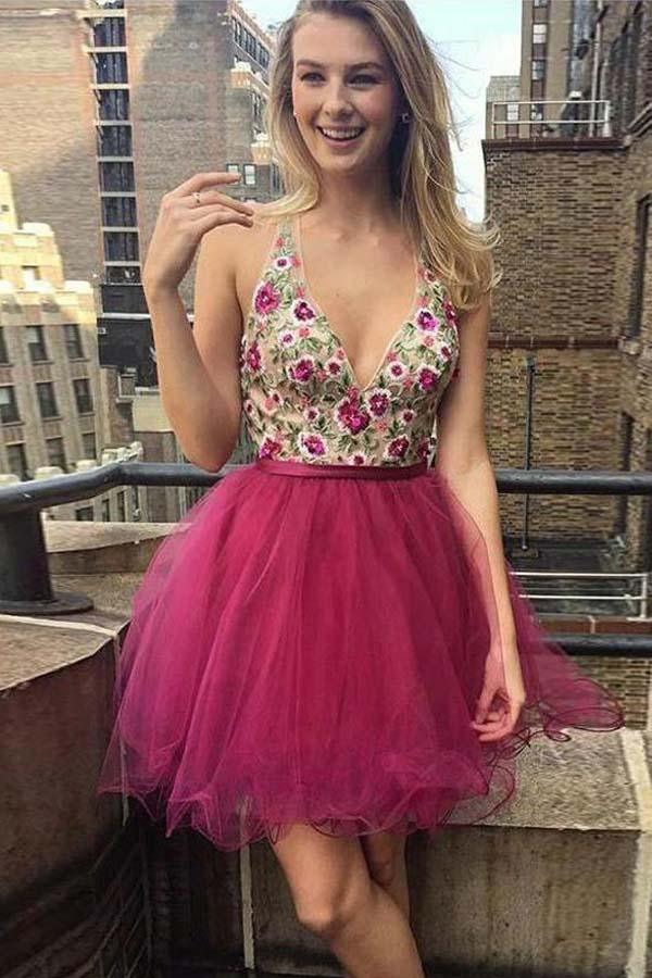 V Neck Embroidered Backless Homecoming Dress Short Prom Dress