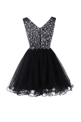 V-Neck Beaded Tulle Graduation Homecoming Dress