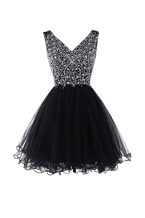 V-Neck Beaded Tulle Graduation Homecoming Dress