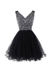 V-Neck Beaded Tulle Graduation Homecoming Dress