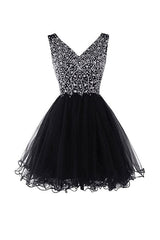 V-Neck Beaded Tulle Graduation Homecoming Dress