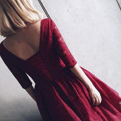 V Neck Half Sleeves Burgundy Lace Homecoming Dress Short Prom Dress