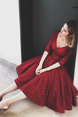 V Neck Half Sleeves Burgundy Lace Homecoming Dress Short Prom Dress
