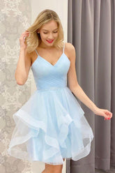 A-Line V Neck Light Blue Short Homecoming Dresses