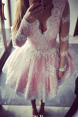 V-Neck Long Sleeves Short Pink Tulle Homecoming Dress with Appliques