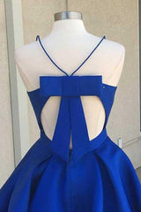 V-Neck Open Back Royal Blue Satin Homecoming Dress with Bowknot