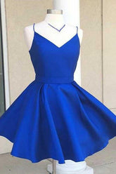 V-Neck Open Back Royal Blue Satin Homecoming Dress with Bowknot