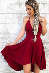 V-Neck Red Spaghetti Straps High Low Short Homecoming Dress