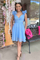 V-Neck Baby Blue Pleated A-Line Party Dress