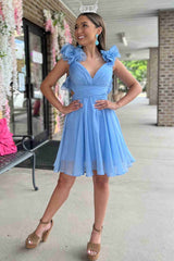 V-Neck Baby Blue Pleated A-Line Party Dress