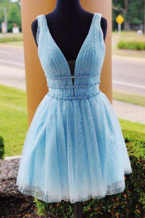 V-Neck Sparkling Beaded Sky Blue Short Prom Dress Homecoming Dress