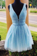 V-Neck Sparkling Beaded Sky Blue Short Prom Dress Homecoming Dress