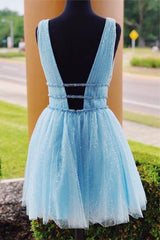 V-Neck Sparkling Beaded Sky Blue Short Prom Dress Homecoming Dress