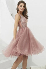 V-Neck Tulle with Beaded Short Prom Dress Homecoming Dress