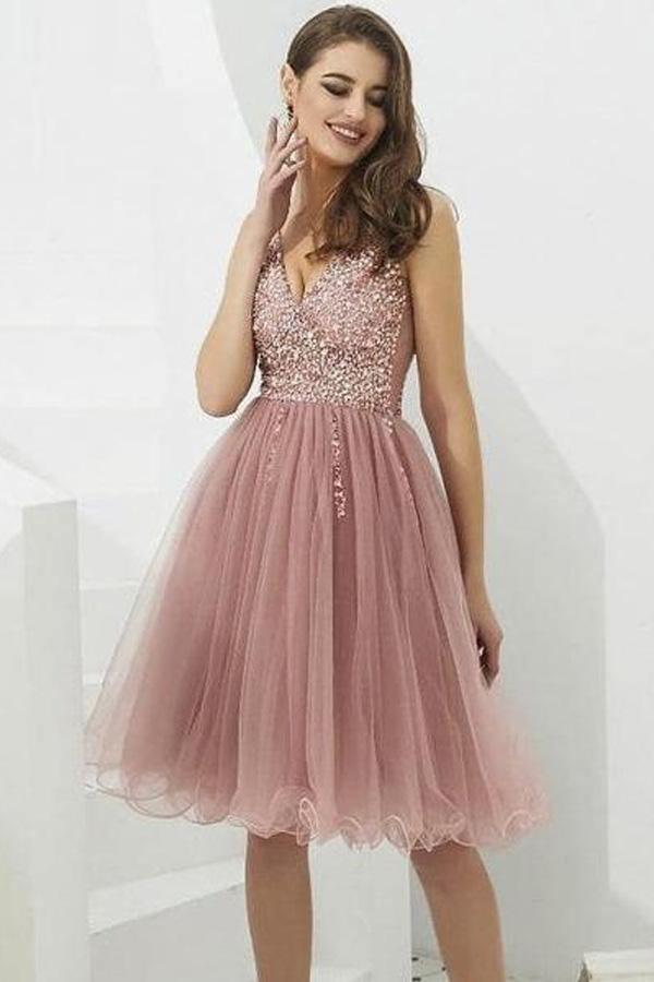 V-Neck Tulle with Beaded Short Prom Dress Homecoming Dress