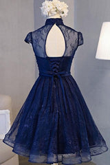 Vintage Navy Blue Cap Sleeves Homecoming Dress Party Dress