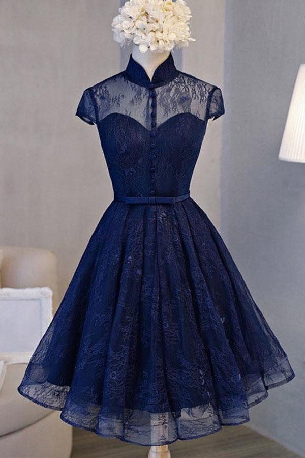 Vintage Navy Blue Cap Sleeves Homecoming Dress Party Dress