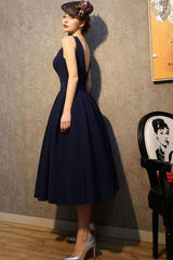 Vintage V-Neck Navy Blue Satin Homecoming Dress Party Dress