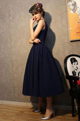 Vintage V-Neck Navy Blue Satin Homecoming Dress Party Dress