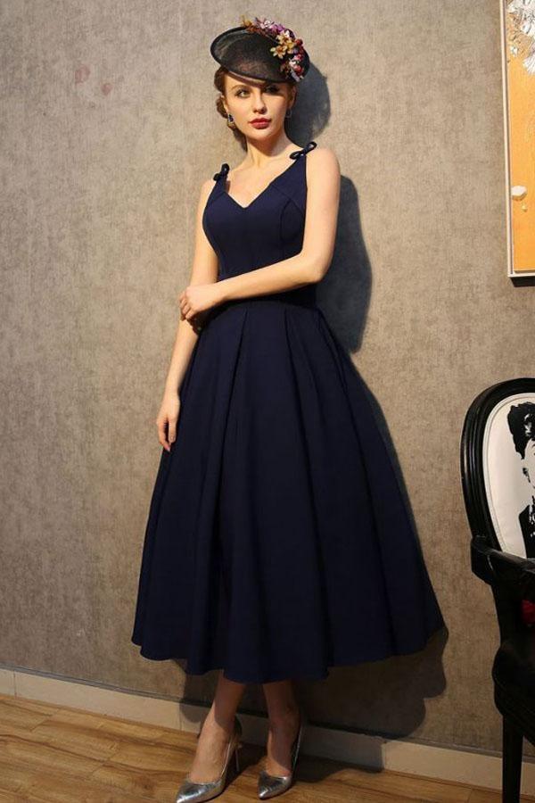 Vintage V-Neck Navy Blue Satin Homecoming Dress Party Dress