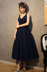 Vintage V-Neck Navy Blue Satin Homecoming Dress Party Dress