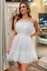 A-Line White Polka Dot Strapless Ruffle Short Homecoming Dress