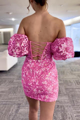 Hot Cute Pink Sequin Lace Strapless Short Dress with Detachable Sleeves