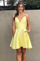 Yellow V-Neck Satin Straps Homecoming Dress Short Prom Dress