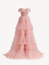 Blush Princess A line Off Shoulder Ruffled Tulle Prom Dress