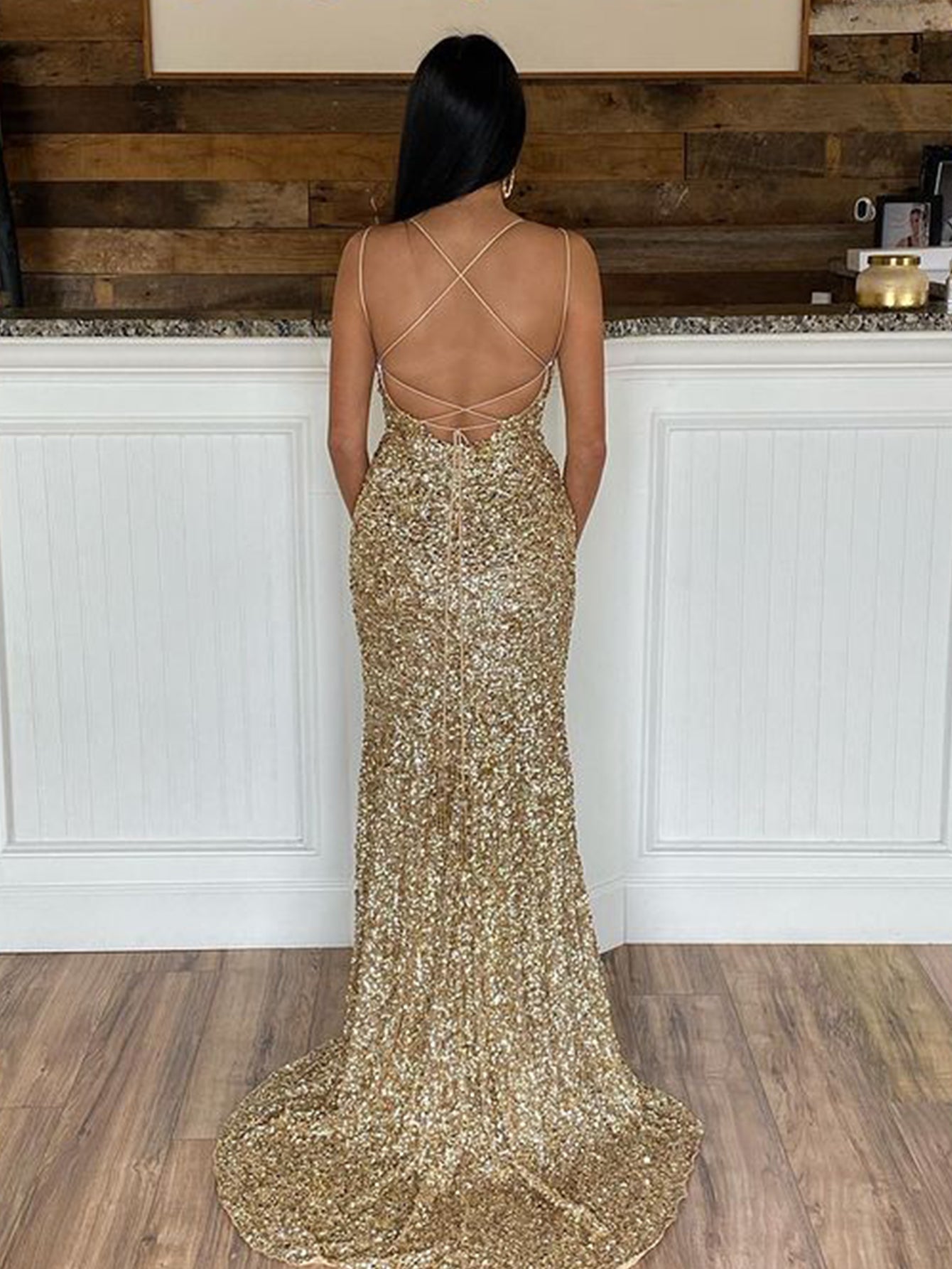 Mermaid Sheath Spaghetti Straps Long Sequins Prom Dress