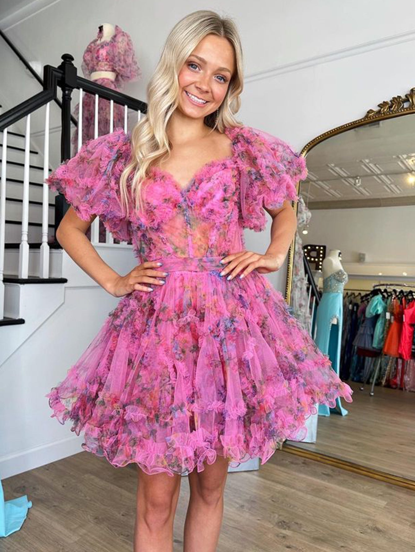 Cute Pink A Line Off the Shoulder Floral Printed Homecoming Dress