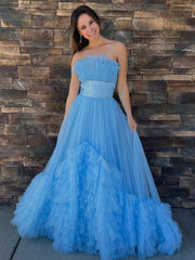 A-Line Strapless Cute Pink Ruched Long Tulle Prom Dress