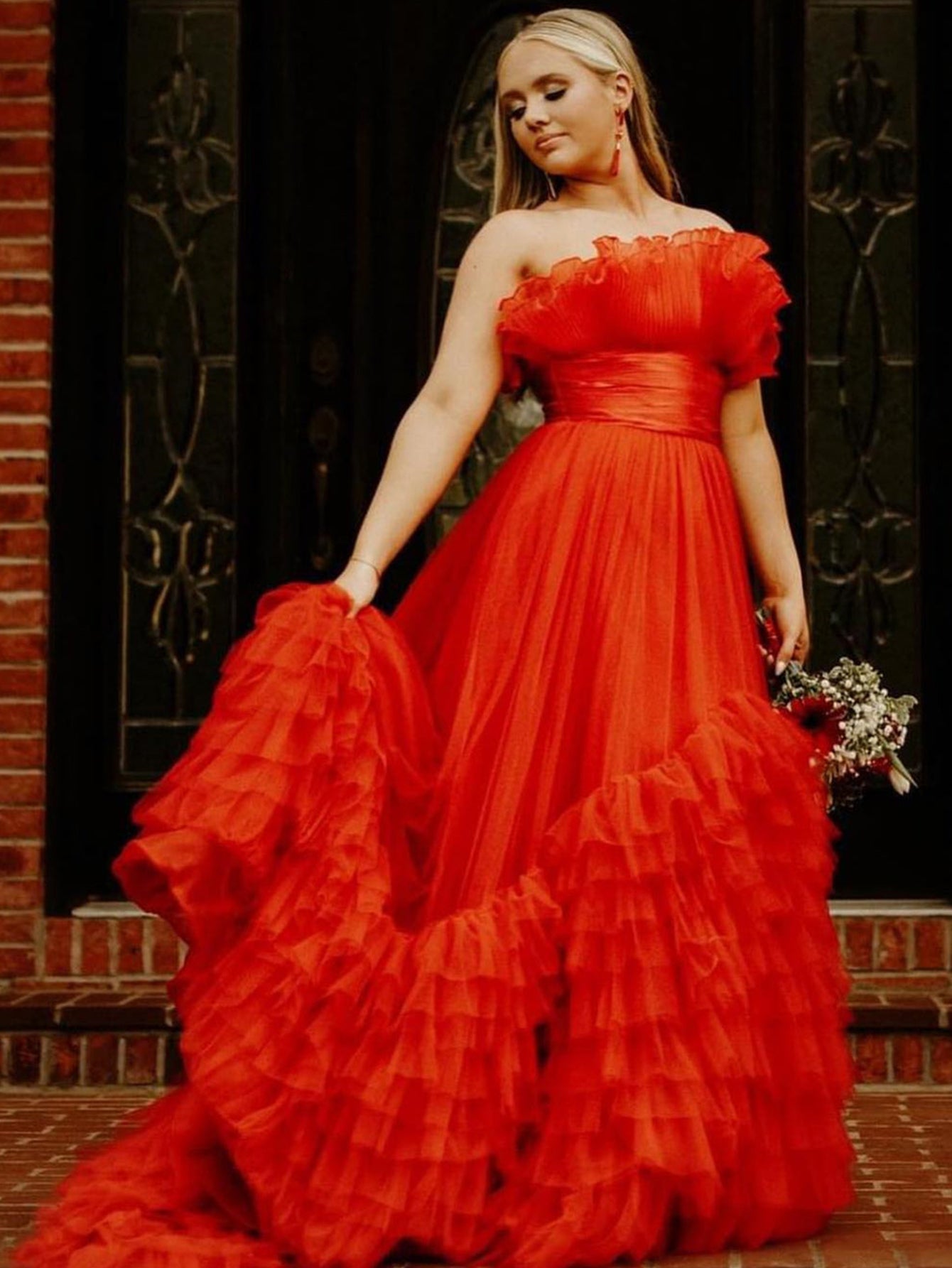 A-Line Strapless Cute Pink Ruched Long Tulle Prom Dress