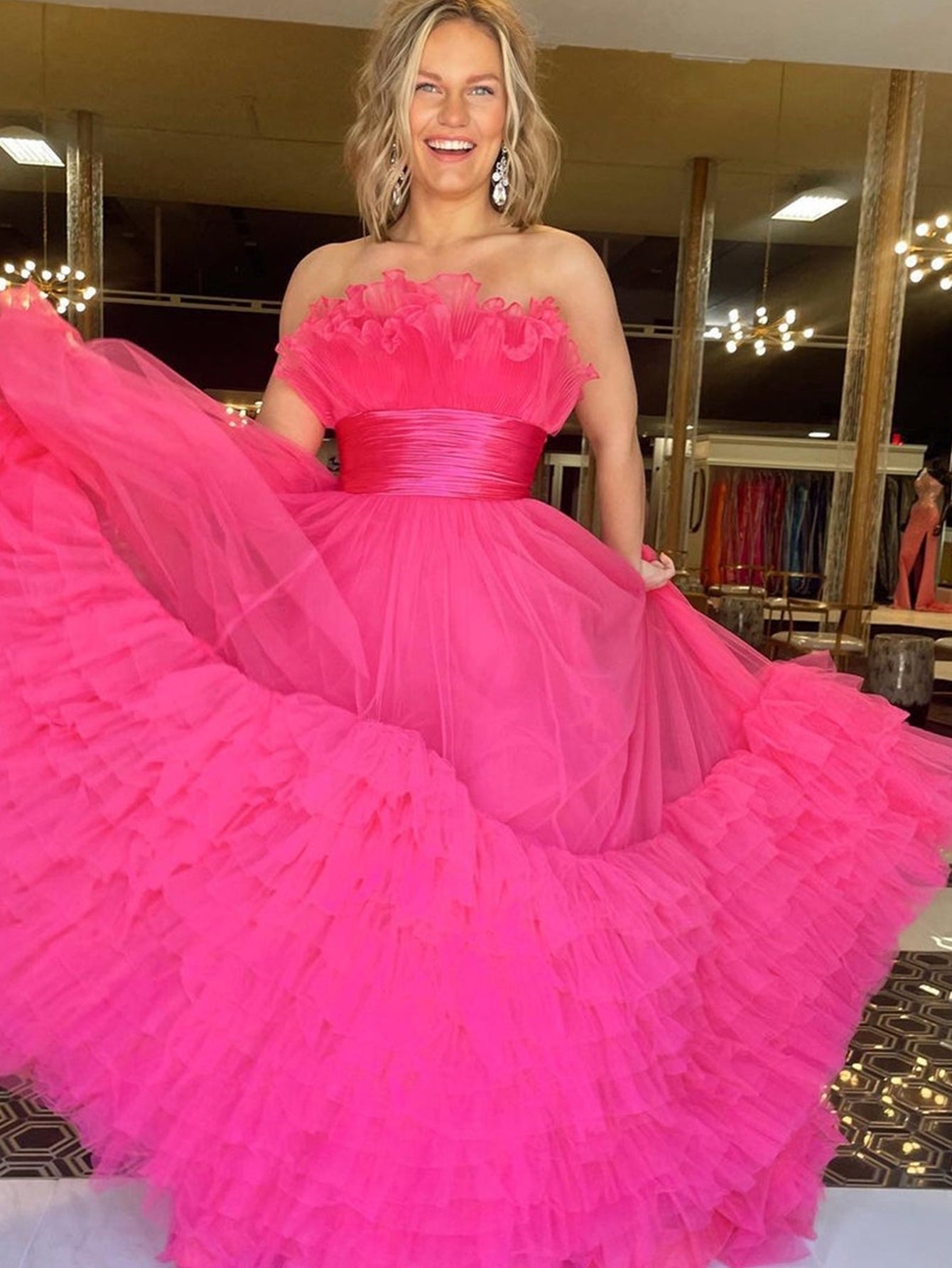 A-Line Strapless Cute Pink Ruched Long Tulle Prom Dress