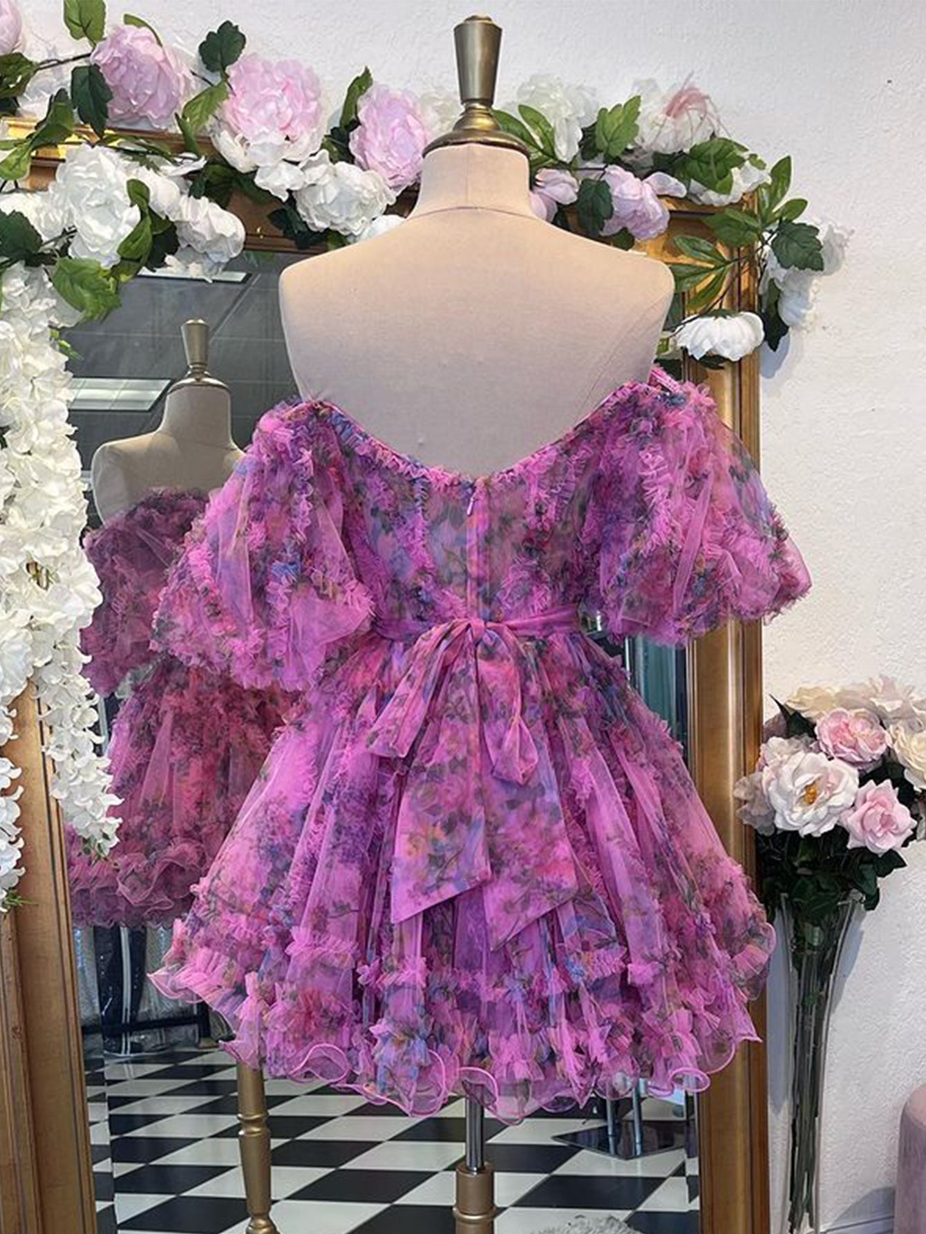 Cute Pink A Line Off the Shoulder Floral Printed Homecoming Dress