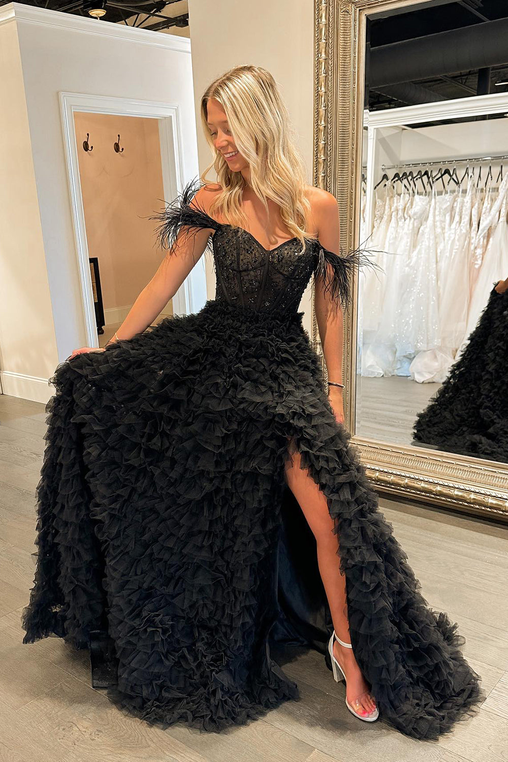 Ingrid |A Line Sweetheart Ruched Tulle Long Prom Dress With Slit