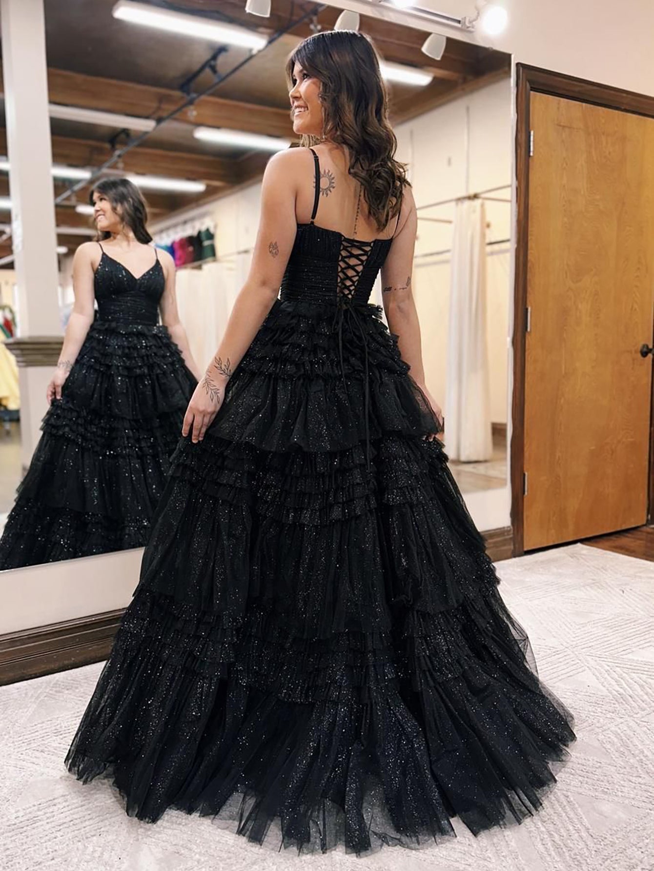 A-Line Deep V Neck Ruched Long Glitter Tulle Prom Dress