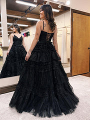 A-Line Deep V Neck Ruched Long Glitter Tulle Prom Dress