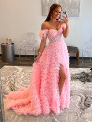 Ingrid |A Line Sweetheart Ruched Tulle Long Prom Dress With Slit