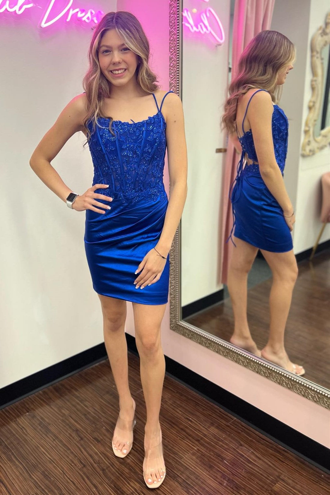 Bodycorn Satin Double Straps Keyhole Back Homecoming Dress