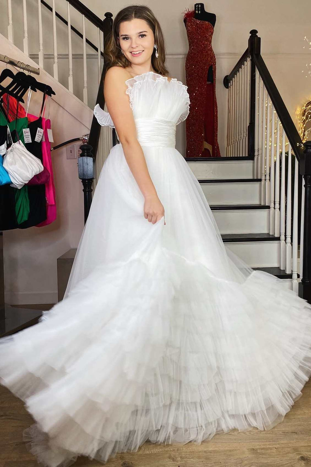 A-Line Strapless Cute Pink Ruched Long Tulle Prom Dress